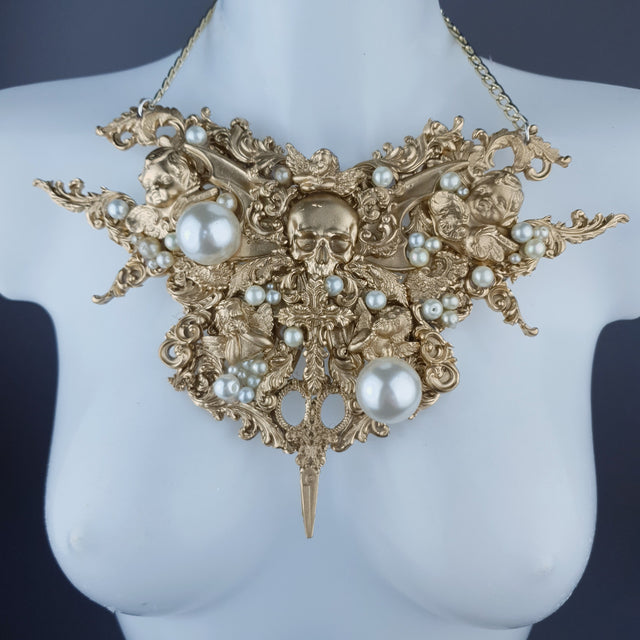 "Santua" Gold & Pearl Skull Scissors Filigree Necklace