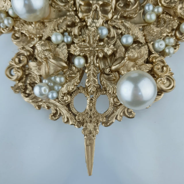 "Santua" Gold & Pearl Skull Scissors Filigree Necklace