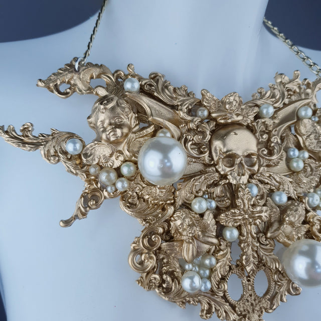 "Santua" Gold & Pearl Skull Scissors Filigree Necklace
