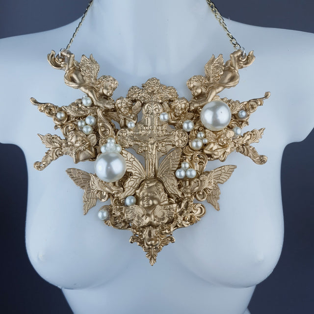 "Sacred" Gold & Pearl Cherubs & Cross Filigree Necklace