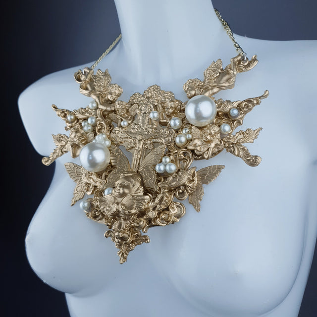 "Sacred" Gold & Pearl Cherubs & Cross Filigree Necklace