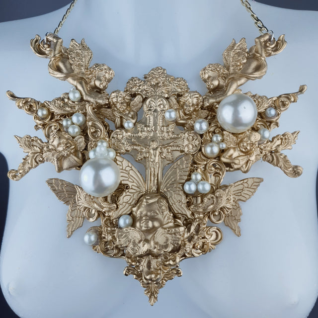 "Sacred" Gold & Pearl Cherubs & Cross Filigree Necklace