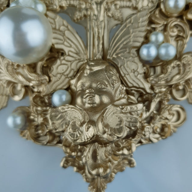 "Sacred" Gold & Pearl Cherubs & Cross Filigree Necklace