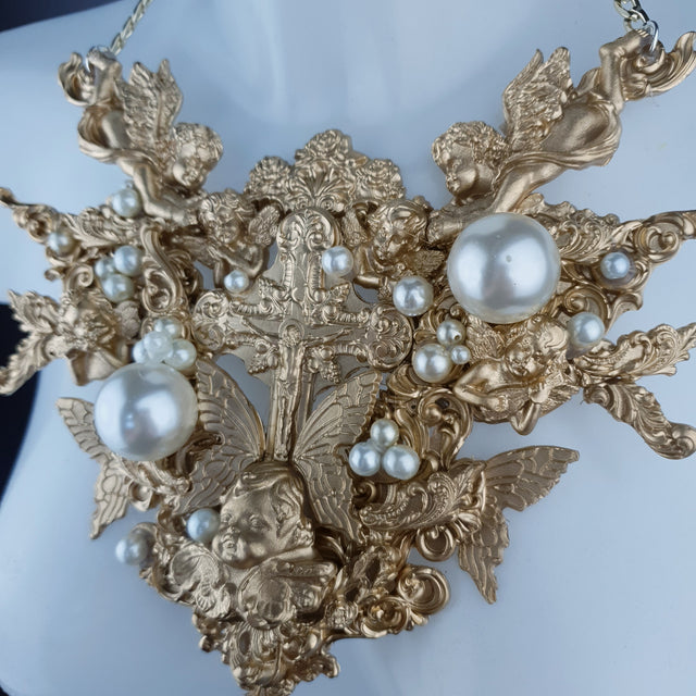 "Sacred" Gold & Pearl Cherubs & Cross Filigree Necklace