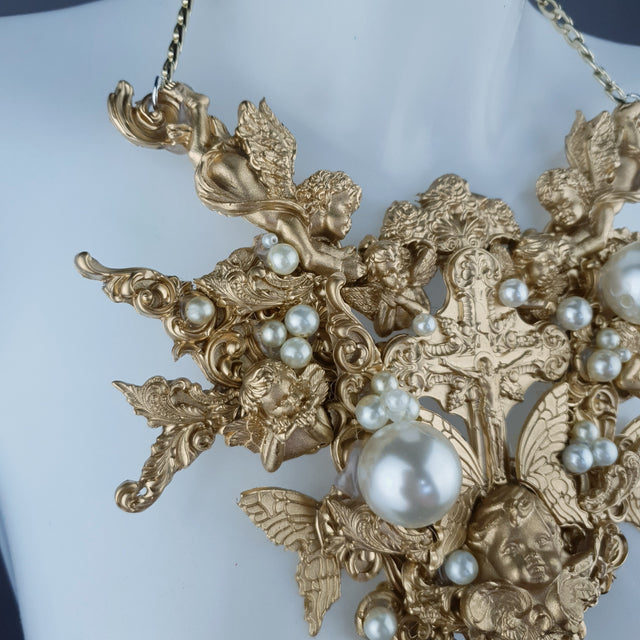 "Sacred" Gold & Pearl Cherubs & Cross Filigree Necklace
