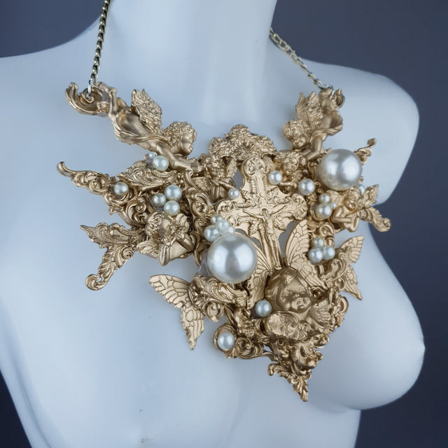 "Sacred" Gold & Pearl Cherubs & Cross Filigree Necklace