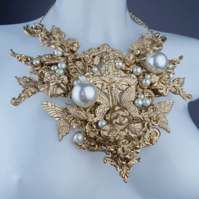 "Sacred" Gold & Pearl Cherubs & Cross Filigree Necklace