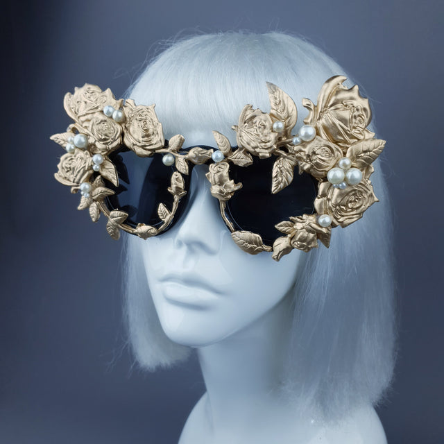 "Amour Sombre" Gold & Pearl Roses Sunglasses