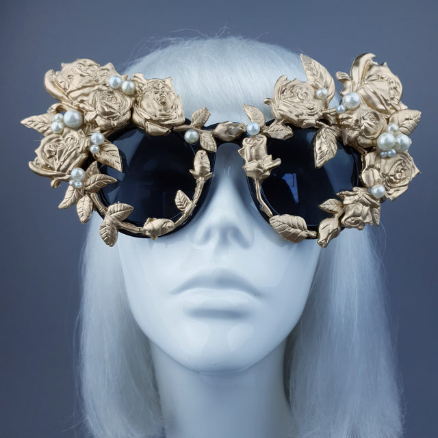 "Amour Sombre" Gold & Pearl Roses Sunglasses