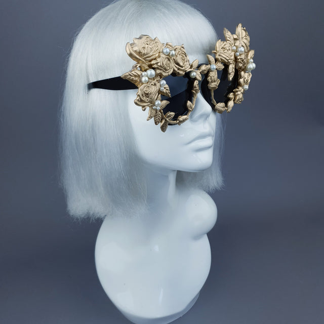 "Amour Sombre" Gold & Pearl Roses Sunglasses