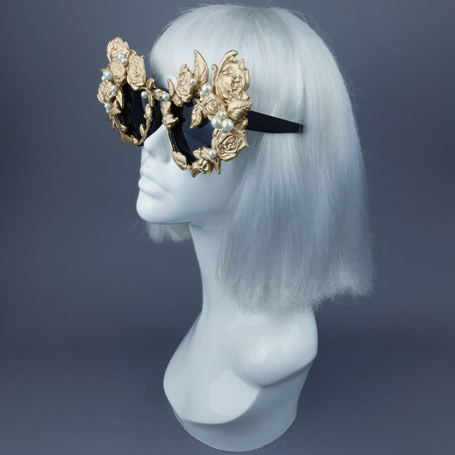 "Amour Sombre" Gold & Pearl Roses Sunglasses