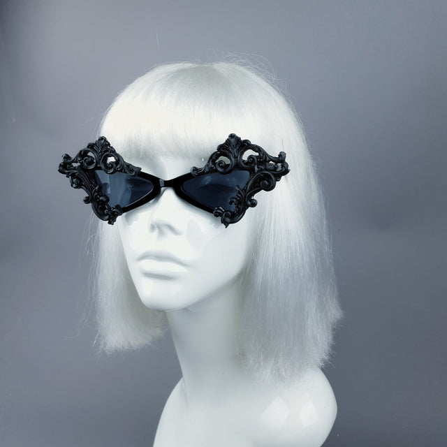 "Maira" Black Filigree Diamond Shaped Sunglasses