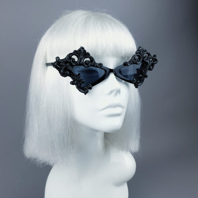 "Maira" Black Filigree Diamond Shaped Sunglasses