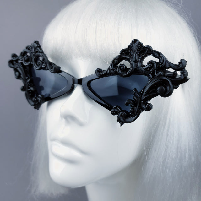 "Maira" Black Filigree Diamond Shaped Sunglasses