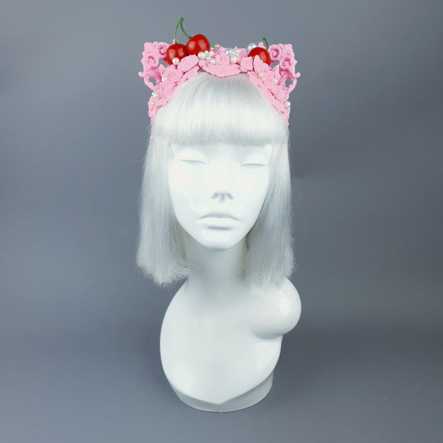 "Manĝi" Pink Filigree & Cherry Cat Ear Headpiece