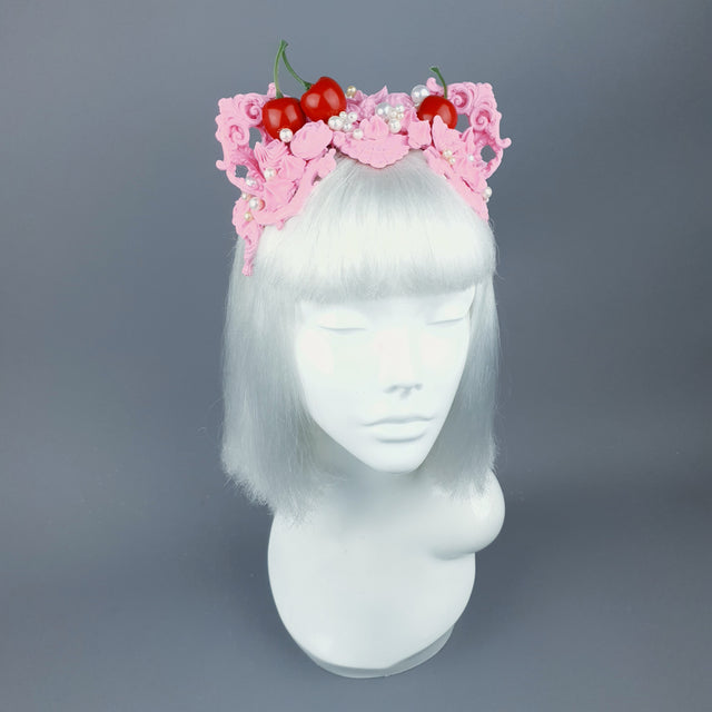 "Manĝi" Pink Filigree & Cherry Cat Ear Headpiece