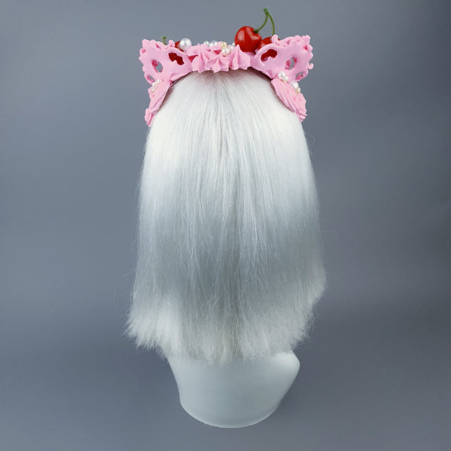 "Manĝi" Pink Filigree & Cherry Cat Ear Headpiece