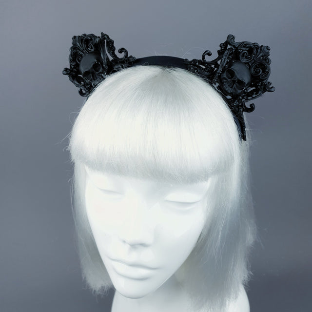 "Oishi" Black Filigree & Skull Cat Ear Headband