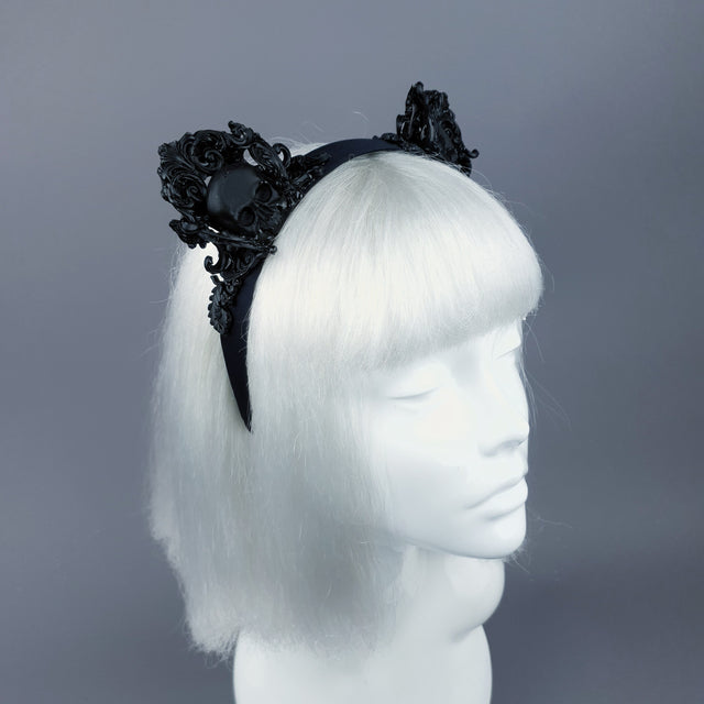 "Oishi" Black Filigree & Skull Cat Ear Headband