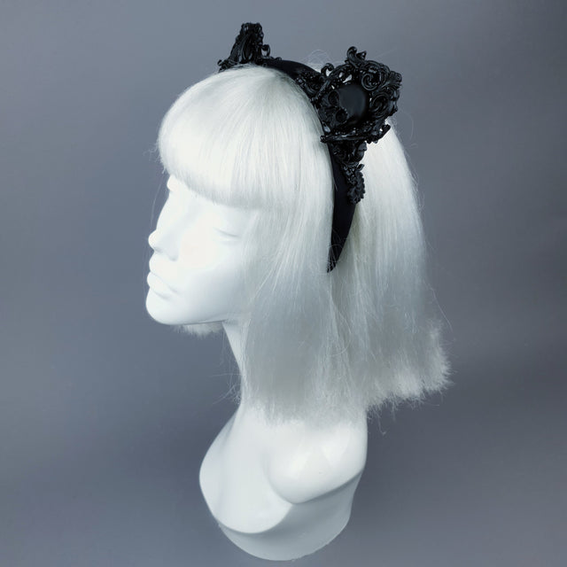 "Oishi" Black Filigree & Skull Cat Ear Headband