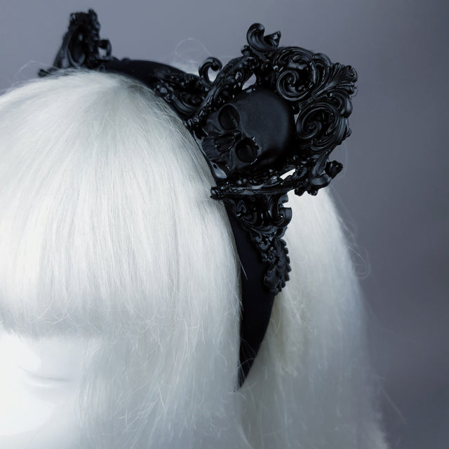 "Oishi" Black Filigree & Skull Cat Ear Headband