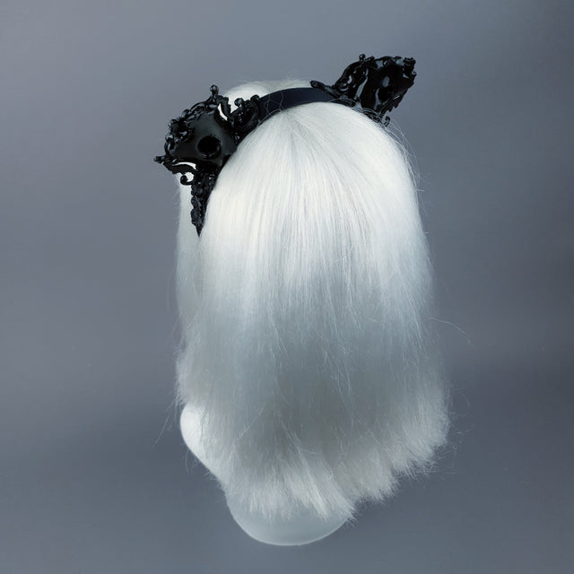 "Oishi" Black Filigree & Skull Cat Ear Headband