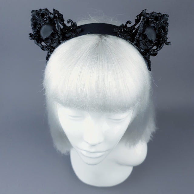 "Oishi" Black Filigree & Skull Cat Ear Headband