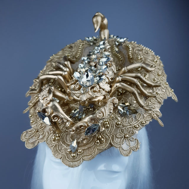 "Selket" Gold Filigree, Jewel Scorpion & Lace Fascinator Hat