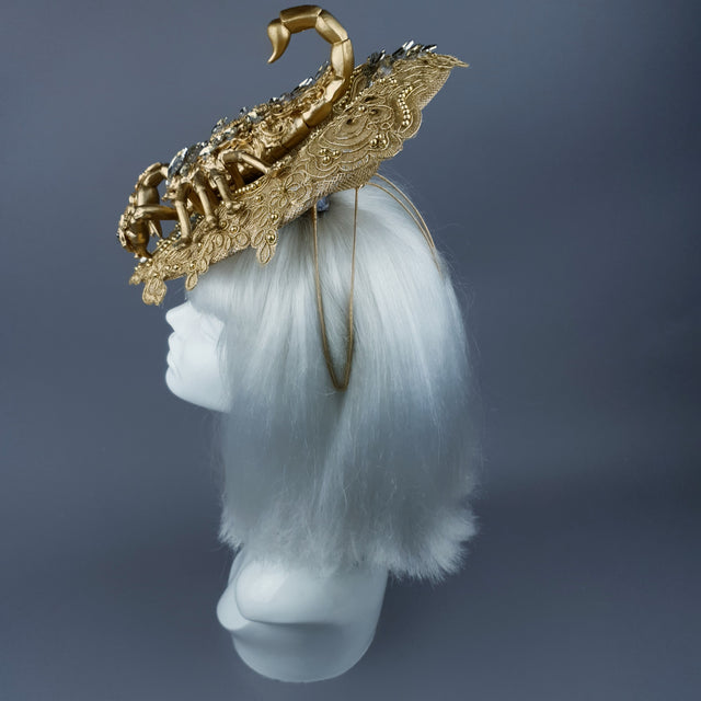 "Selket" Gold Filigree, Jewel Scorpion & Lace Fascinator Hat