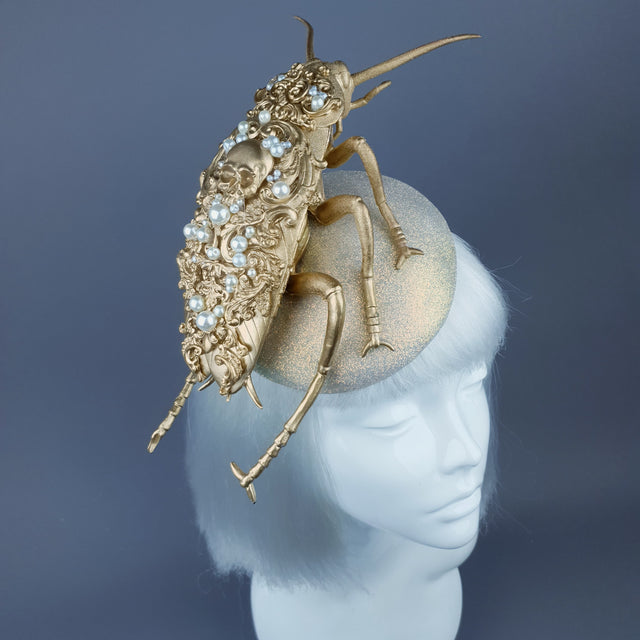 "Coro" Giant Filigree Gold & Pearl Cockroach Fascinator Hat