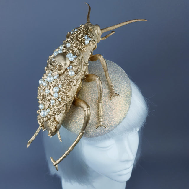 "Coro" Giant Filigree Gold & Pearl Cockroach Fascinator Hat