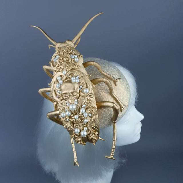 "Coro" Giant Filigree Gold & Pearl Cockroach Fascinator Hat