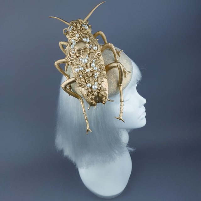 "Coro" Giant Filigree Gold & Pearl Cockroach Fascinator Hat