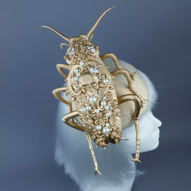 "Coro" Giant Filigree Gold & Pearl Cockroach Fascinator Hat