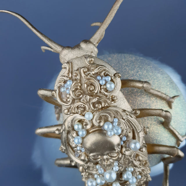 "Coro" Giant Filigree Gold & Pearl Cockroach Fascinator Hat