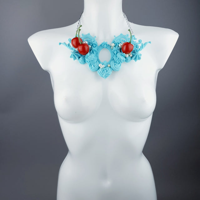 "Licked" Pastel Blue Frosting Icing Cherry Neckpiece