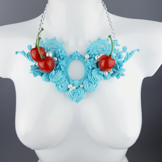 "Licked" Pastel Blue Frosting Icing Cherry Neckpiece