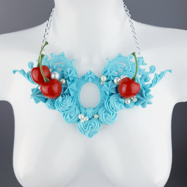 "Licked" Pastel Blue Frosting Icing Cherry Neckpiece