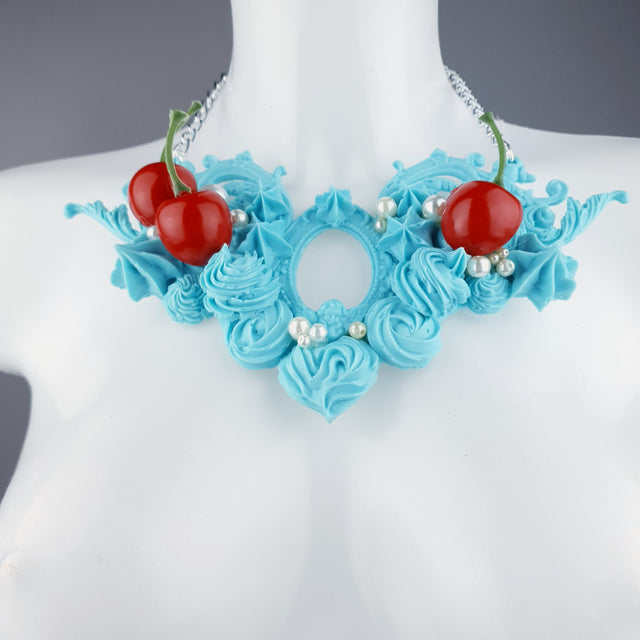 "Licked" Pastel Blue Frosting Icing Cherry Neckpiece