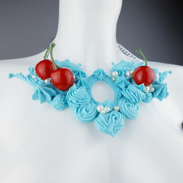"Licked" Pastel Blue Frosting Icing Cherry Neckpiece