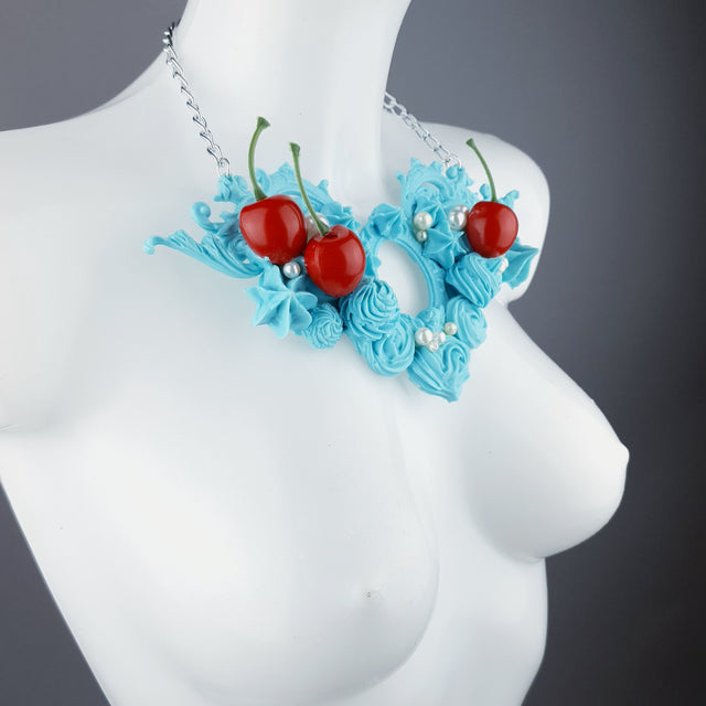 "Licked" Pastel Blue Frosting Icing Cherry Neckpiece