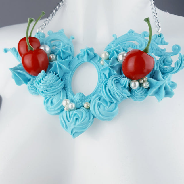 "Licked" Pastel Blue Frosting Icing Cherry Neckpiece