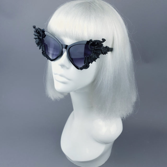 "Bats In The Belfry" Black Filigree Baroque Rococo Sunglasses