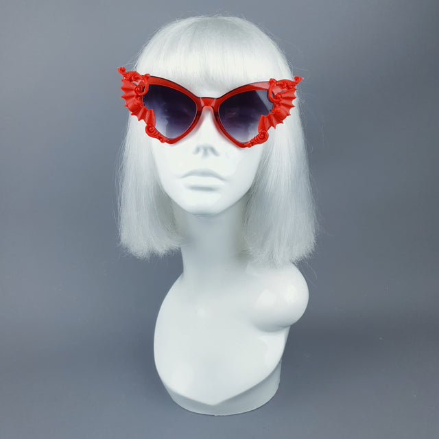 "Bats In The Belfry" Red Filigree Baroque Rococo Sunglasses