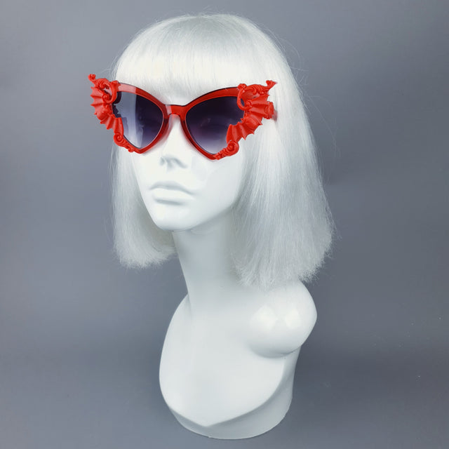 "Bats In The Belfry" Red Filigree Baroque Rococo Sunglasses