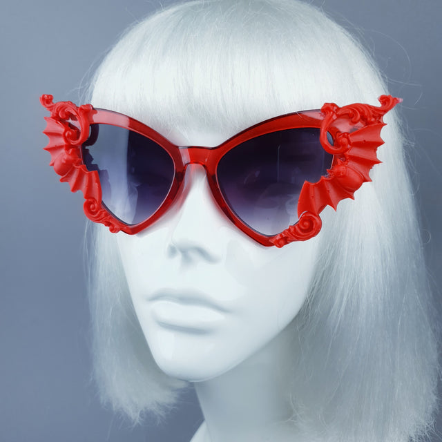 "Bats In The Belfry" Red Filigree Baroque Rococo Sunglasses
