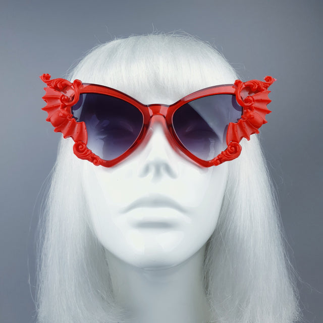 "Bats In The Belfry" Red Filigree Baroque Rococo Sunglasses