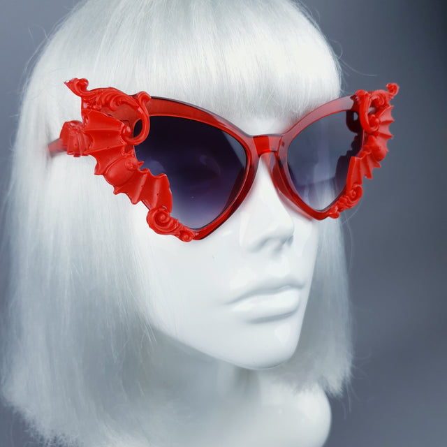 "Bats In The Belfry" Red Filigree Baroque Rococo Sunglasses