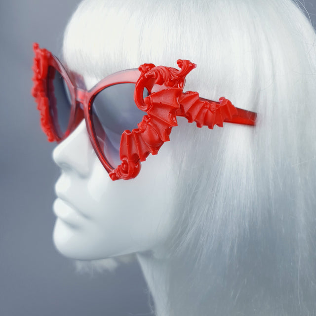 "Bats In The Belfry" Red Filigree Baroque Rococo Sunglasses