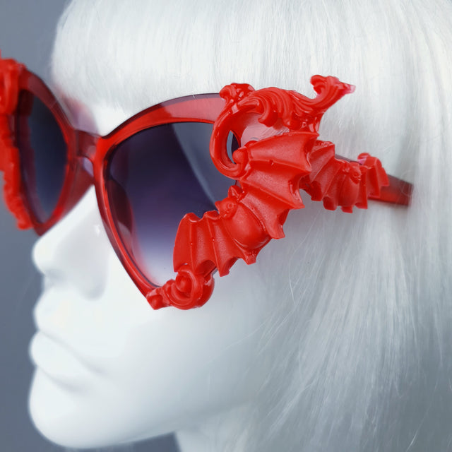 "Bats In The Belfry" Red Filigree Baroque Rococo Sunglasses